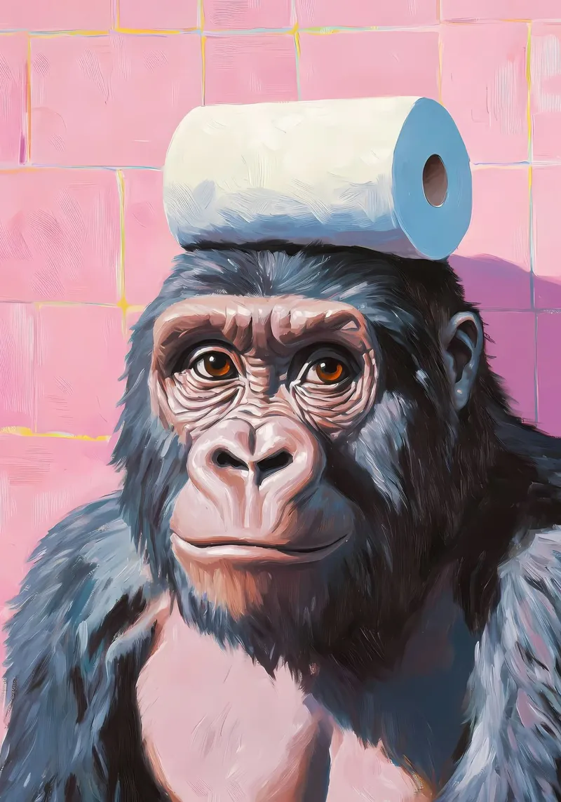 Gorilla con carta igienica poster con telaio in plastica da Adrian Patel