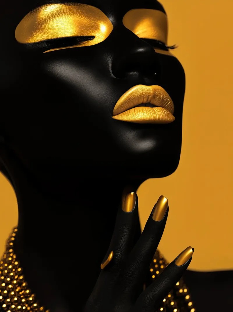 Photographic fashion portrait of a woman in black and gold acrylic glass by Autofocus