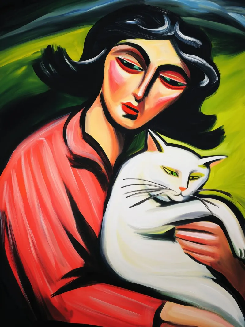 Vrouw met witte kat | Expressionistisch schilderij hahnemühle van Autofocus
