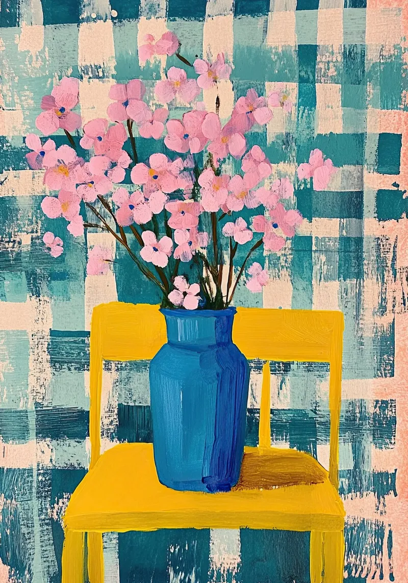 Fiori da sogno - Fiori rosa in un vaso blu poster con telaio in plastica da Nikis Art Studio