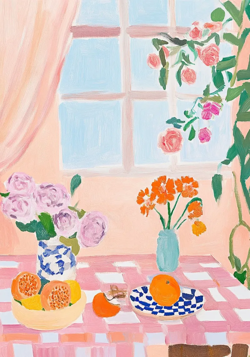 Cheerful colours - table with pink and white checked cloth canvas by Nikis Art Studio