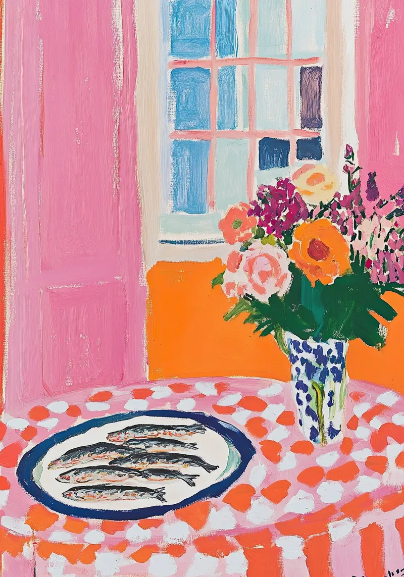 Colori vivaci - sardine, fiori e coccinelle tela con Cornice a cassetta da Nikis Art Studio