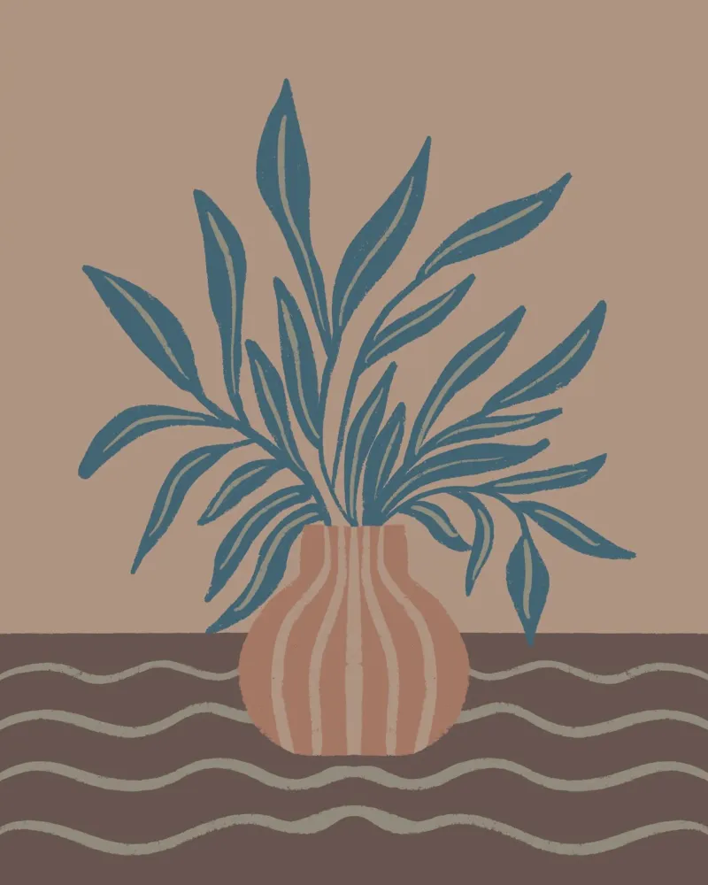 Vaso moderno con foglie tropicali poster con telaio in alluminio da Wackapacka