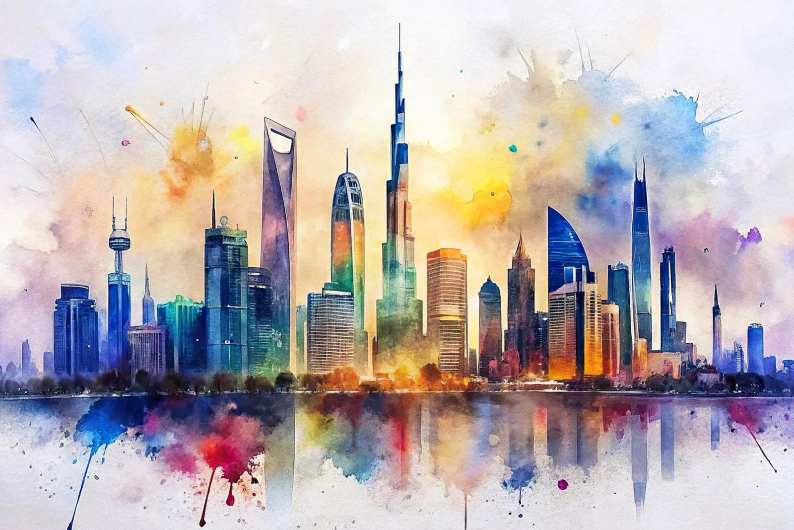 Ligne d'horizon de Dubaï en aquarelle poster de ARTVI-SHOP