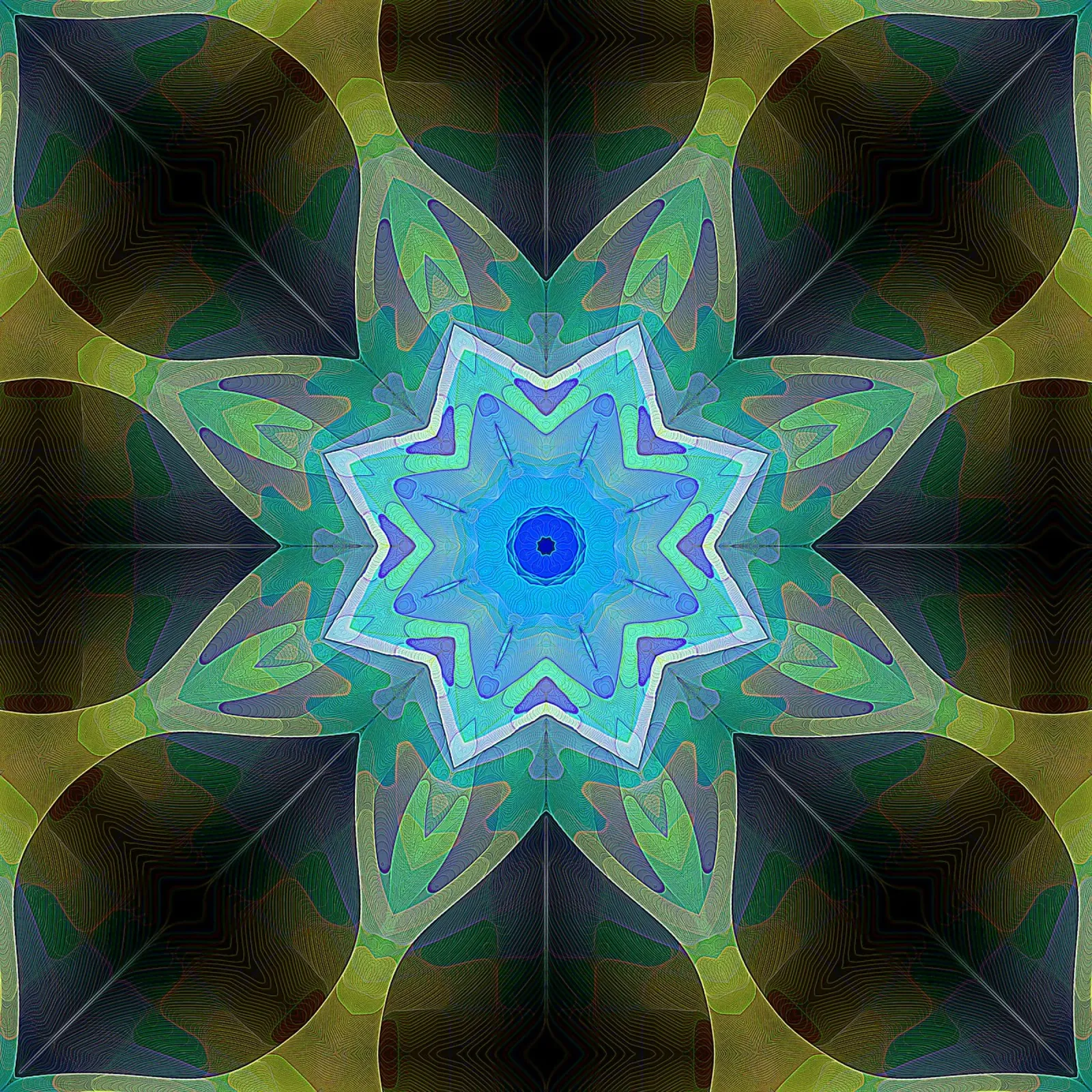 Stella blu brillante incorniciata da forme di foglie a fantasia pellicola backlit da Gürsel Yesil Digital Art