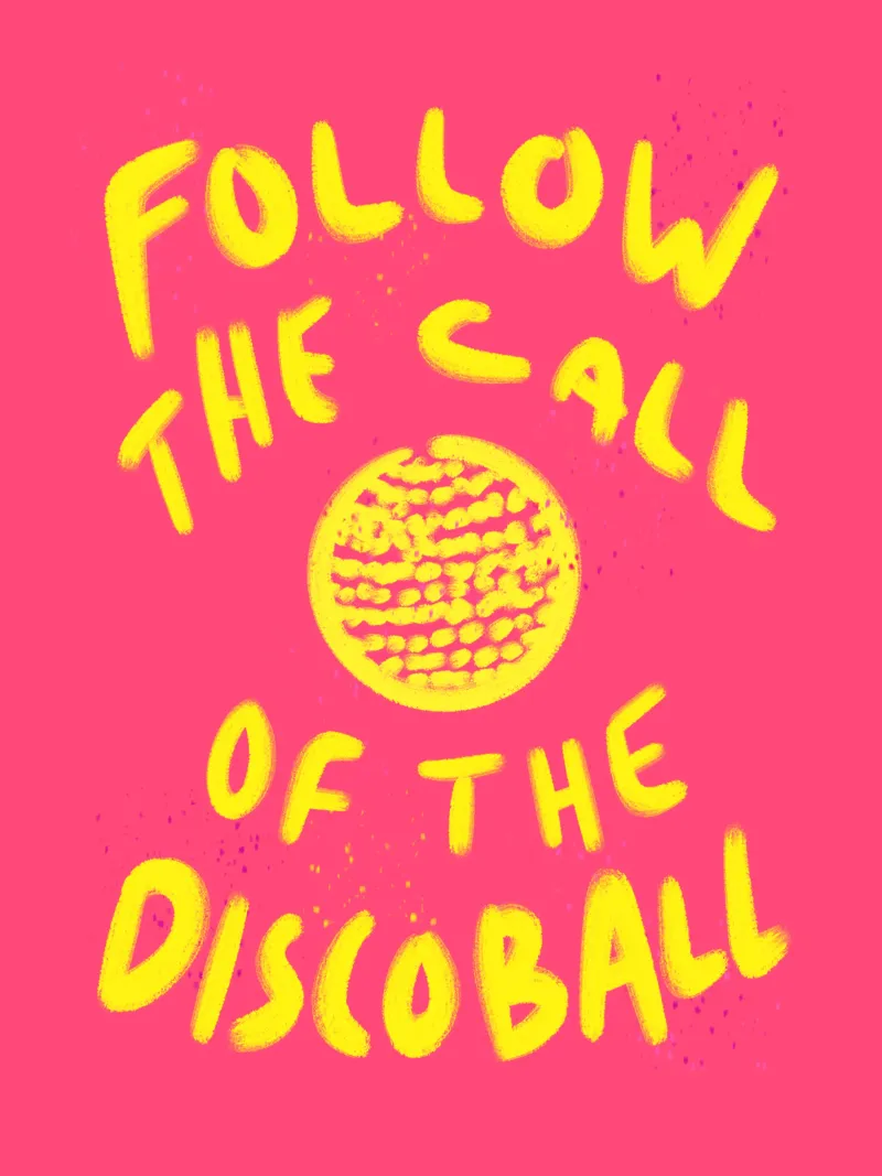 Follow the Call of the Discoball poster con telaio in plastica da Illustration Raissa Oltmanns