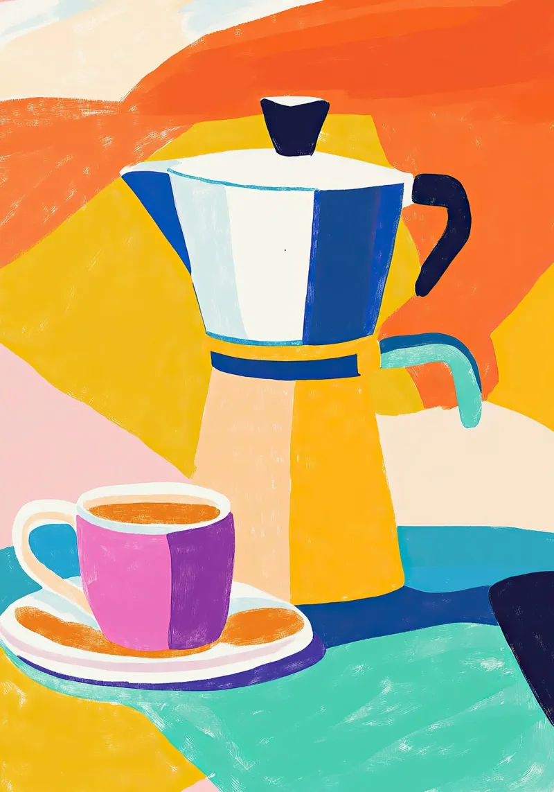 Kaffeekanne im Matisse-Stil – Gouache-Kunst in Pastell Poster von Nikis Art Studio