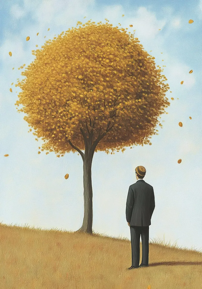 Tempo d'autunno - Un uomo sotto un albero con le foglie che cadono carta hahnemühle da Nikis Art Studio