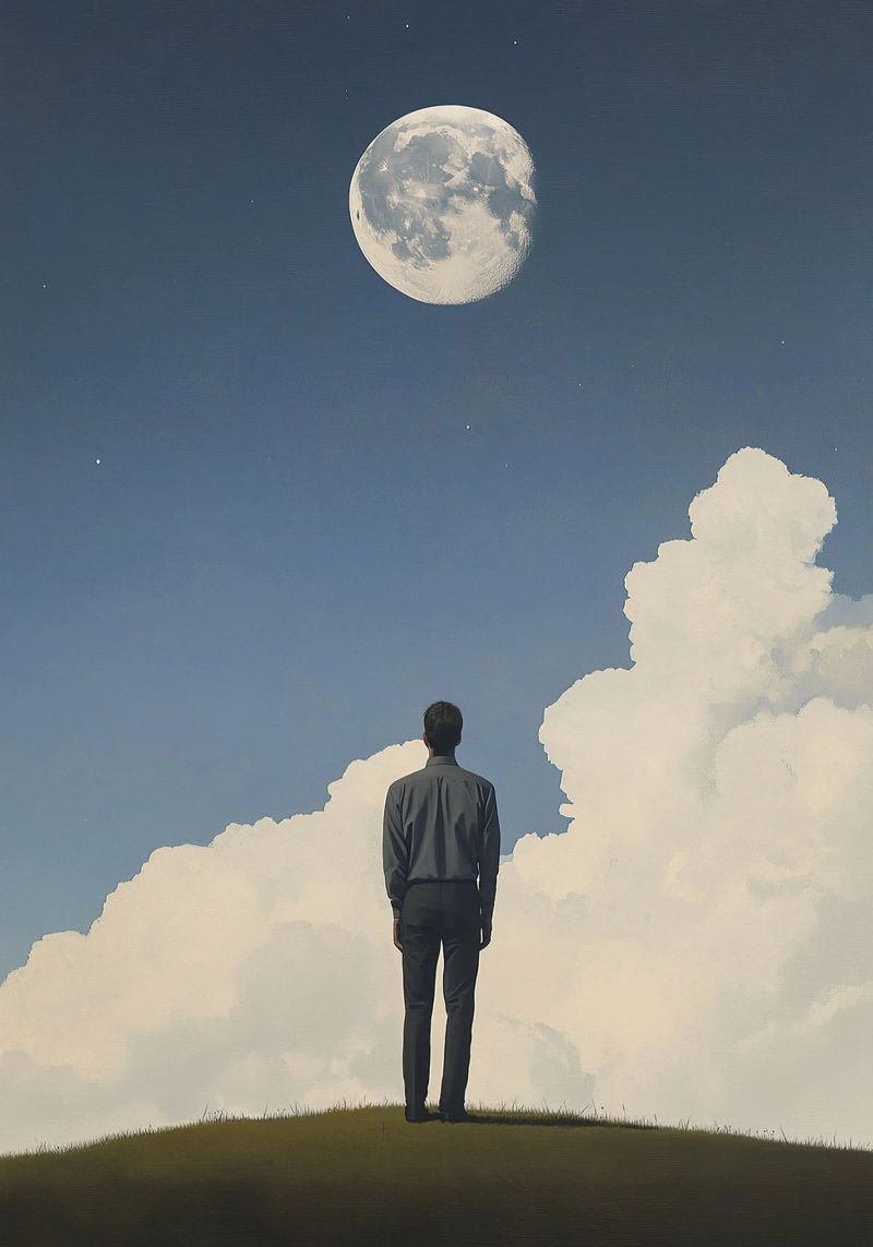 Vista della luna piena - uomo in giacca e cravatta su una collina poster da Nikis Art Studio