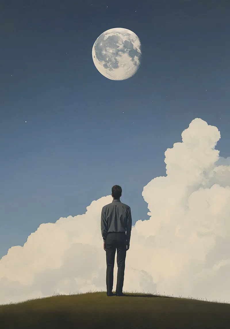 Vista della luna piena - uomo in giacca e cravatta su una collina poster da Nikis Art Studio