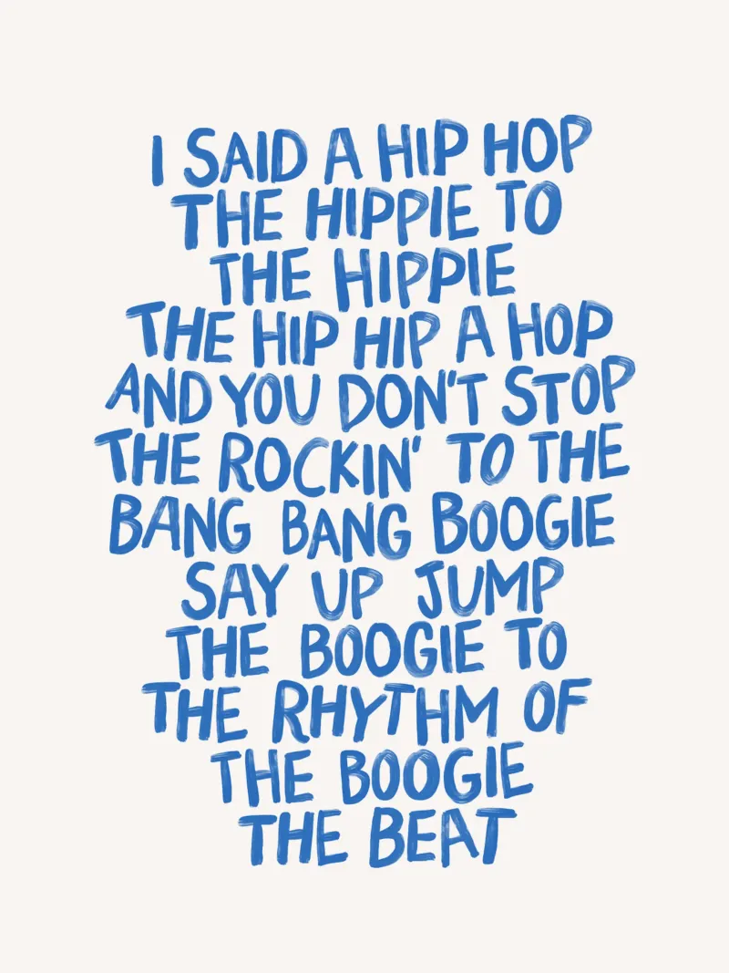 Testi hip hop rap classici in stampa tipografica dipinta in blu alluminio dibond da THE MOTIVATED TYPE
