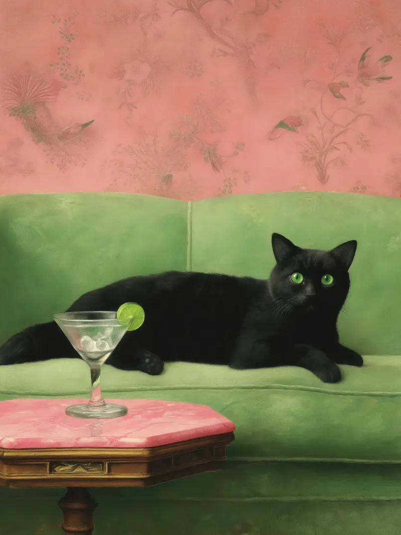 Gatto nero con pittura cocktail poster con telaio in plastica da Peaches Art Prints
