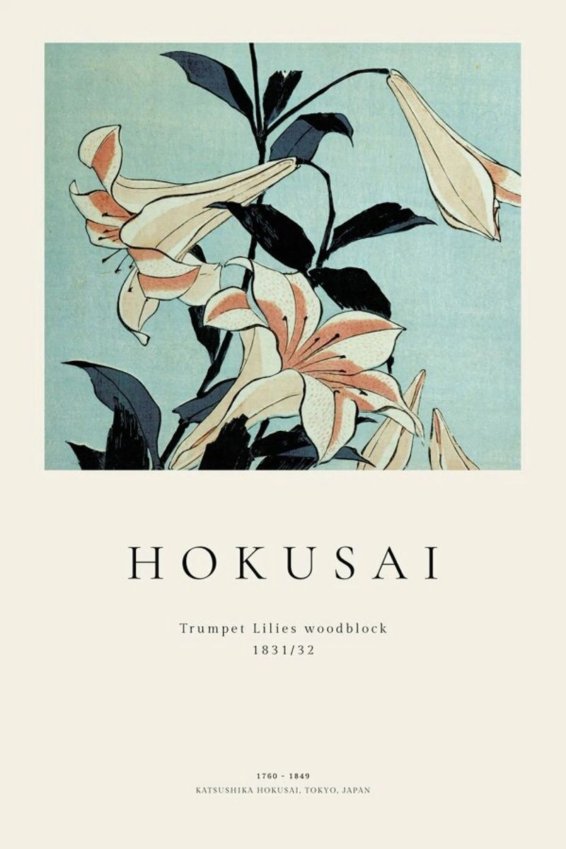 Hokusai - Trumpet Lilies poster with aluminum frame by ARTOTHEK