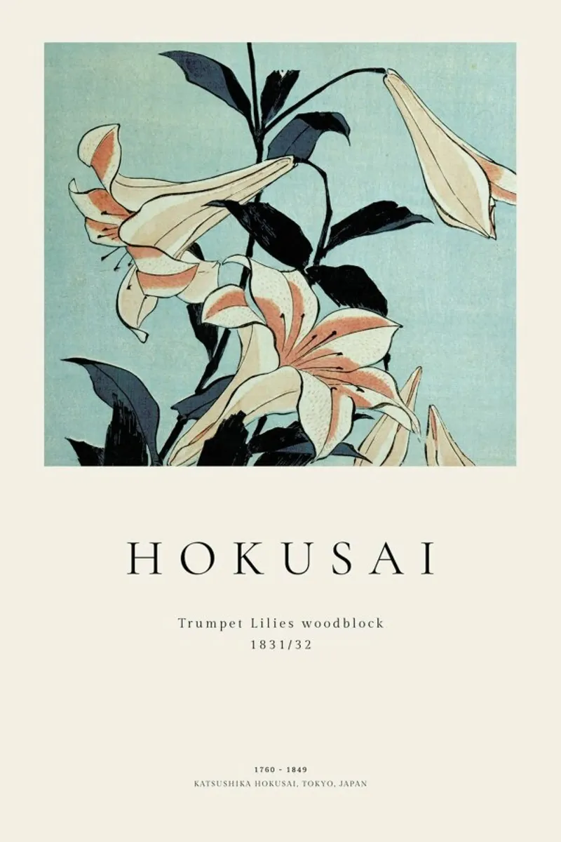 Hokusai - Trumpet Lilies poster with plastic frame by ARTOTHEK