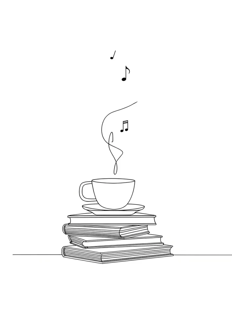 Libri, caffè e musica Line Art minimalista poster con telaio in legno da Viv Line Art