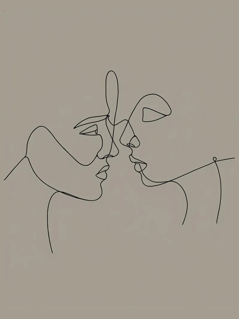 Lovers Face Minimalist Line Art poster with wooden frame by Viv Line Art