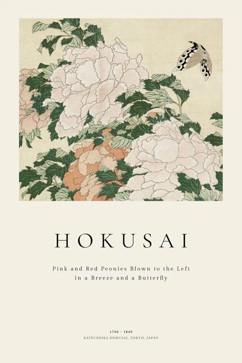 Hokusai - Pink and Red Peonies Blown to the Left in a Breeze and a Butterfly toile de ARTOTHEK