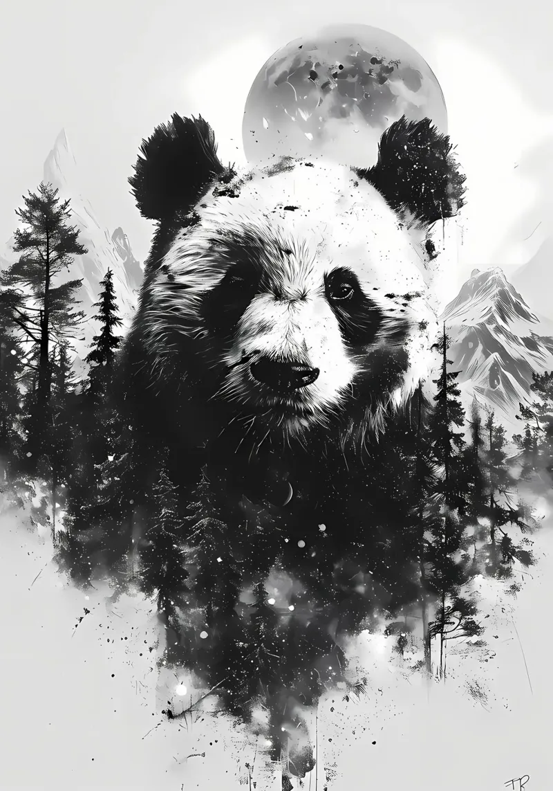 Doppia esposizione del panda poster con telaio in alluminio da James M Coyle