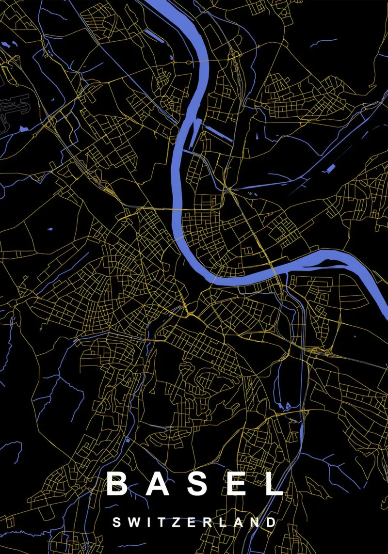 Basilea Svizzera - Mappa della città in nero e oro alluminio dibond da Cartographers Library