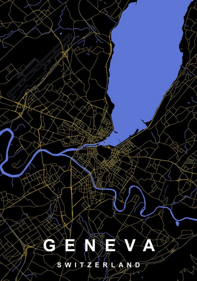 Mappa della città di Ginevra Svizzera Nero e Oro poster con telaio in alluminio da Cartographers Library