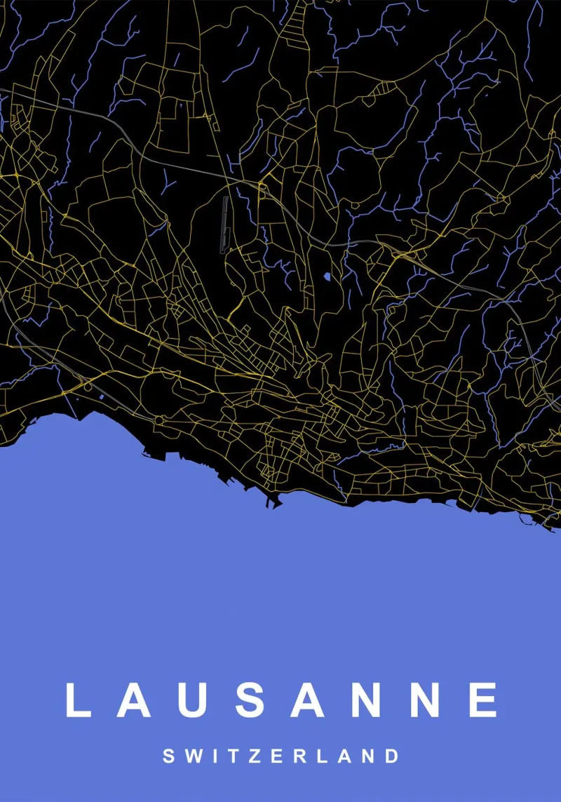 Losanna Svizzera Mappa della città in nero e oro poster con telaio in plastica da Cartographers Library
