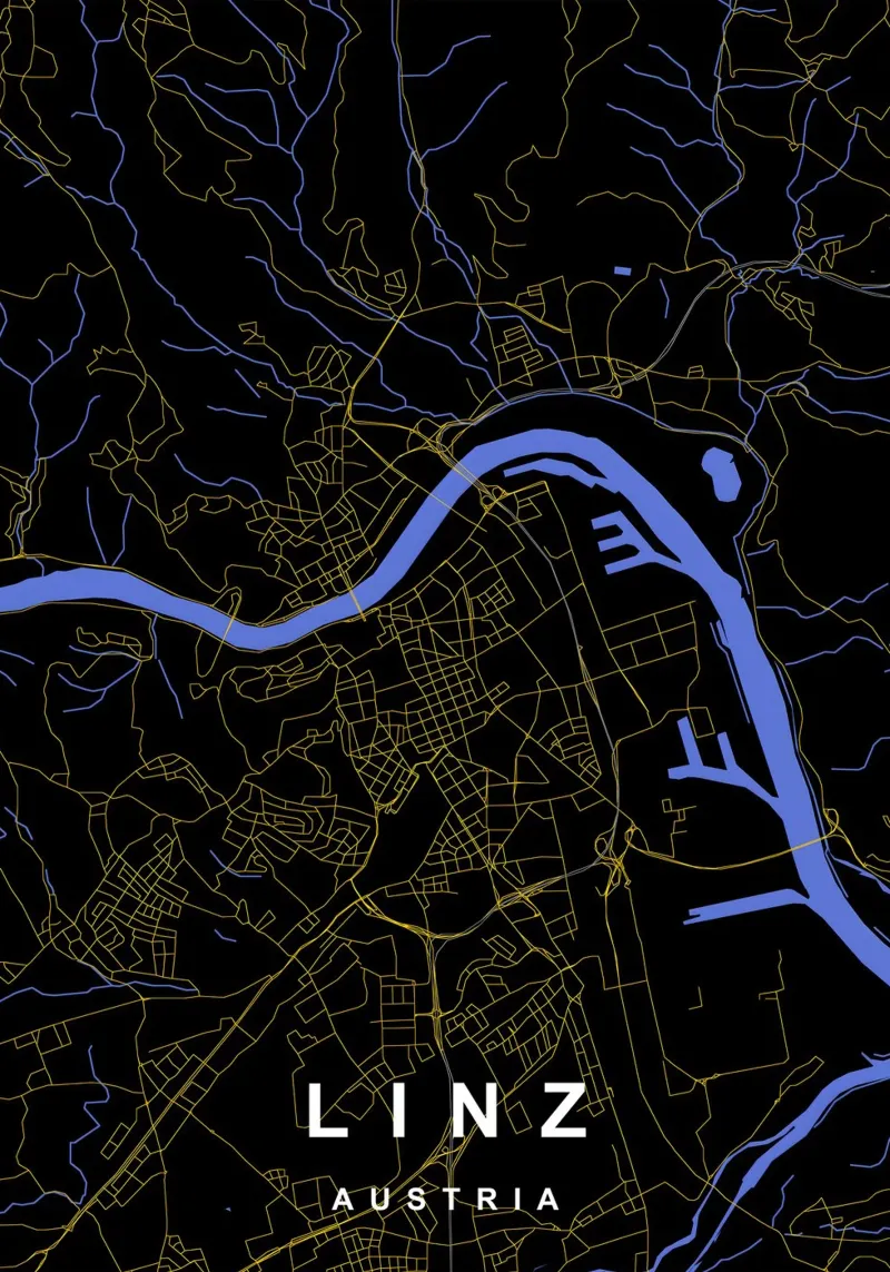Linz Austria - Mappa della città in nero e oro poster da Cartographers Library