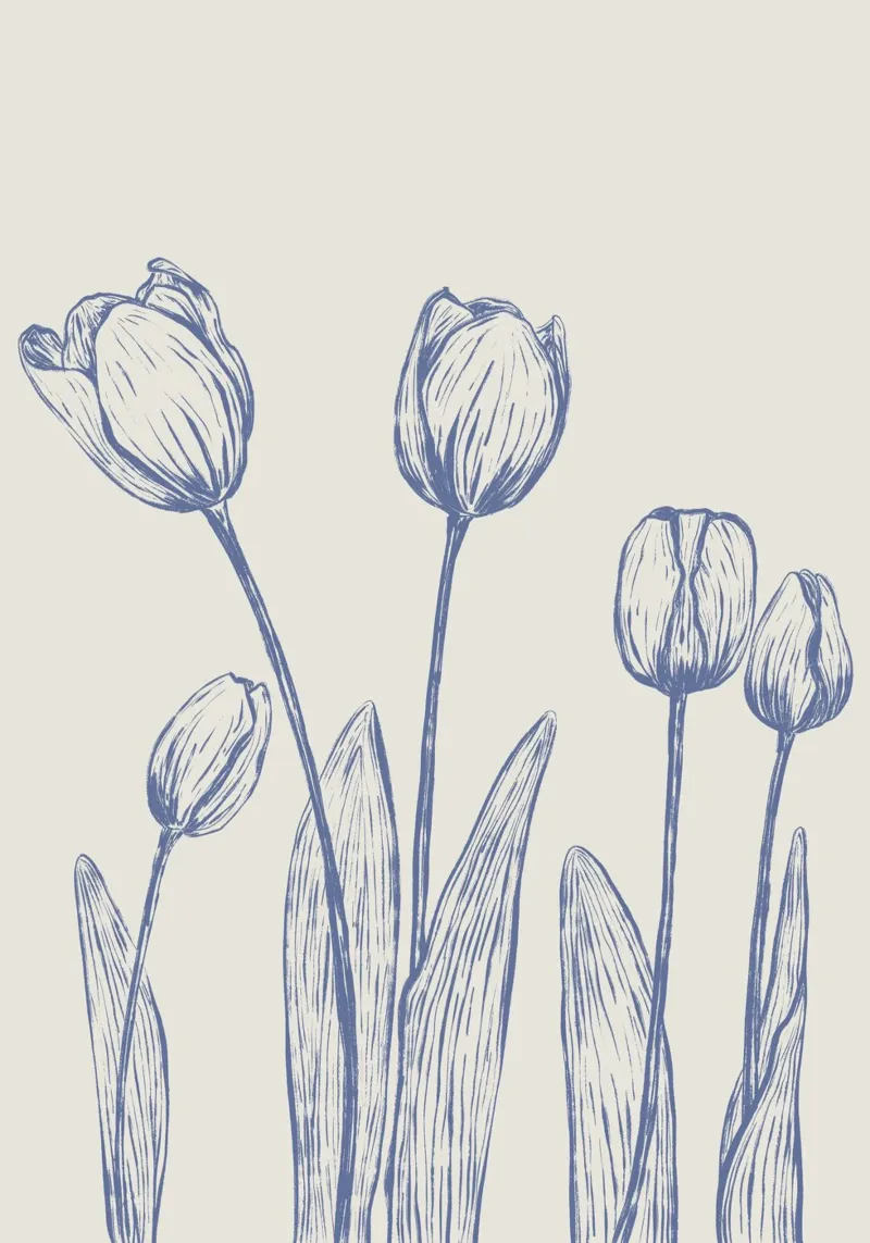 Blaue Tulpen auf beigem Hintergrund. Leinwand mit Schattenfugenrahmen von Sixmai