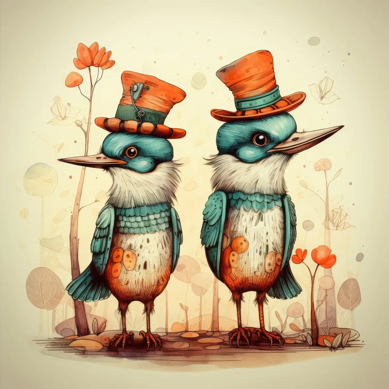 Duo di martin pescatore retrò poster con telaio in alluminio da Funny Animals