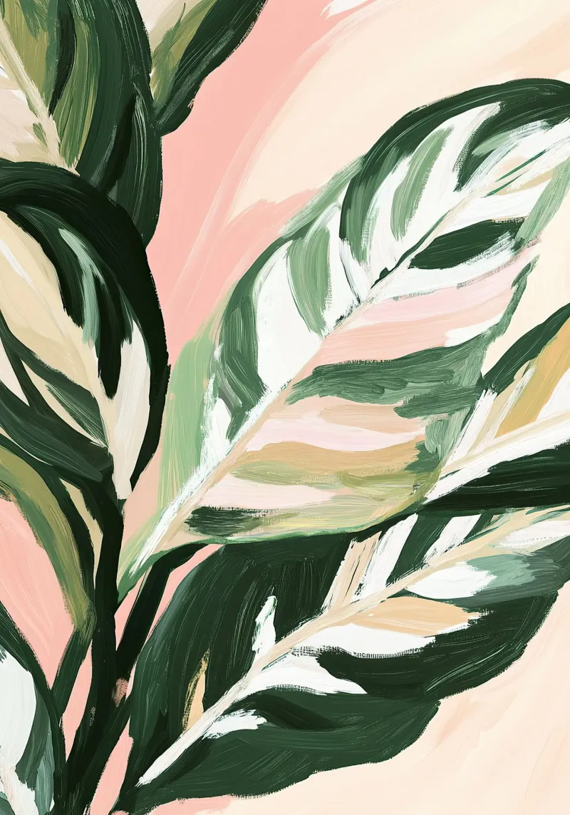 Grüne Ruhe – Calathea-Blätter auf zartrosa Hintergrund Hahnemühle von Euphoria Theresa