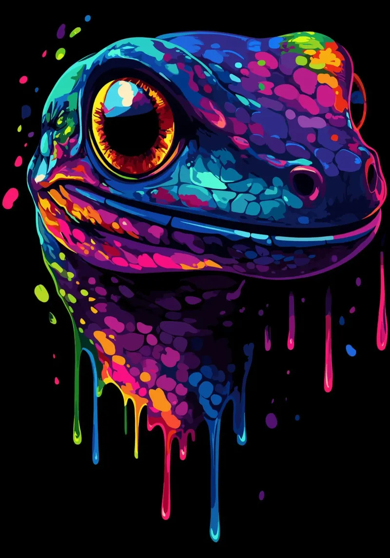 Geco variopinto con colori sgocciolanti alluminio dibond da pixelbull - medieval art and more