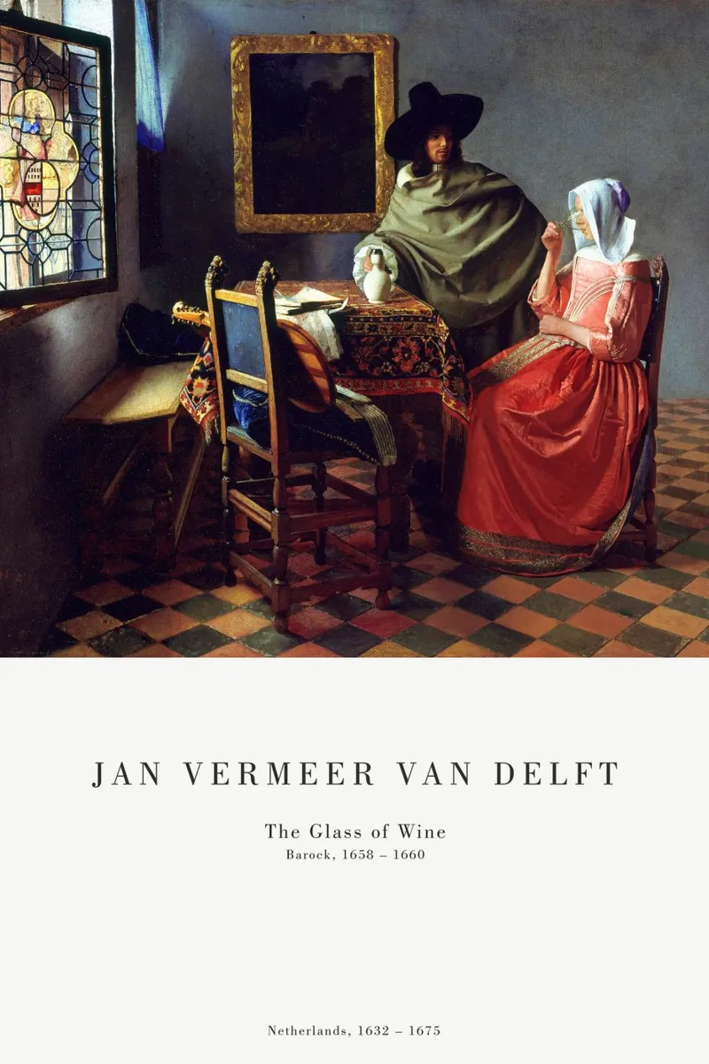 Jan Vermeer - Das Glas Wein Poster mit Kunststoffrahmen von Old Masters