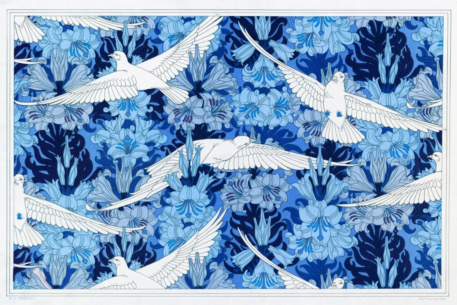 Maurice Pillard Verneuil - Colombes e lis Indigo poster con telaio in plastica da Old Masters