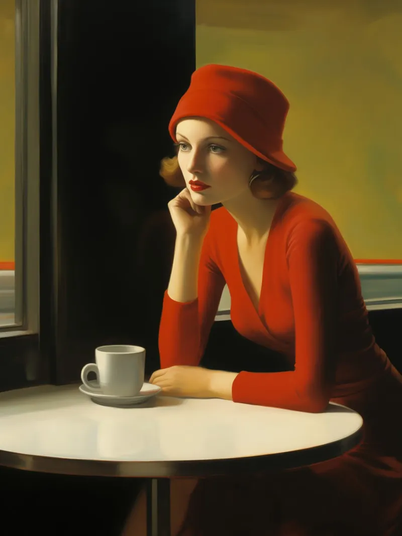 Donna solitaria in abito rosso | Ispirato a E. Hopper carta hahnemühle da Autofocus