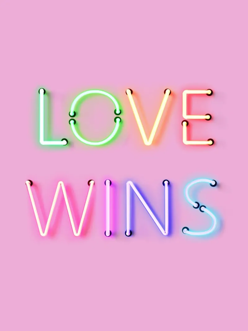 L'amore vince - Tipografia arcobaleno al neon poster con telaio in alluminio da showmemars
