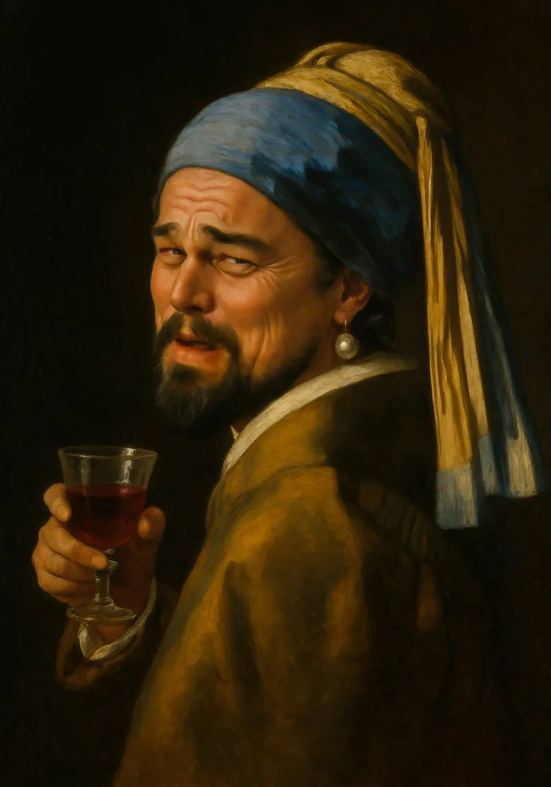Leo con un pendiente de perla - Vermeer Art Meme Parody lienzo con Marco flotante de Lootprint