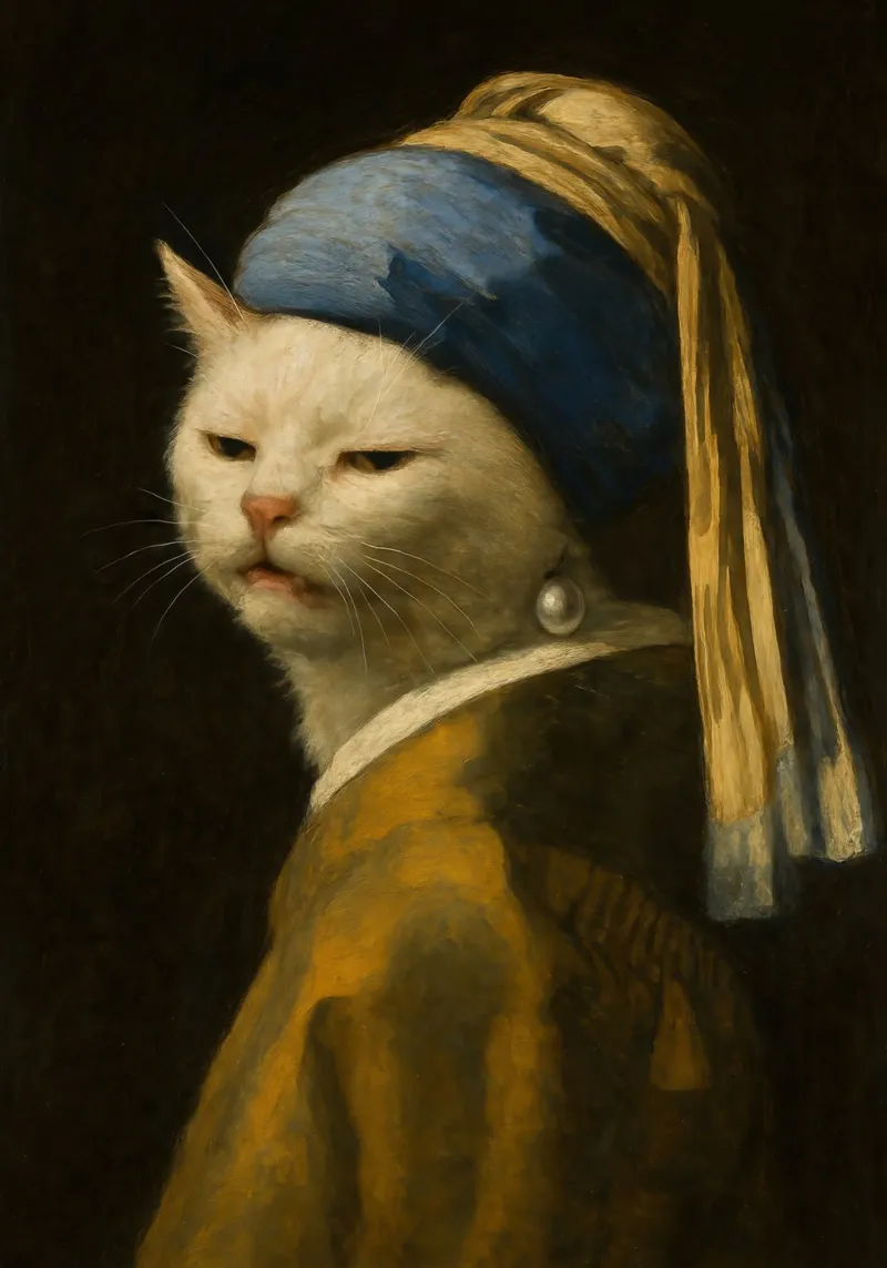 Smudge Cat with Pearl Earring - Vermeer Meme Art canvas with Floater frame by Lootprint