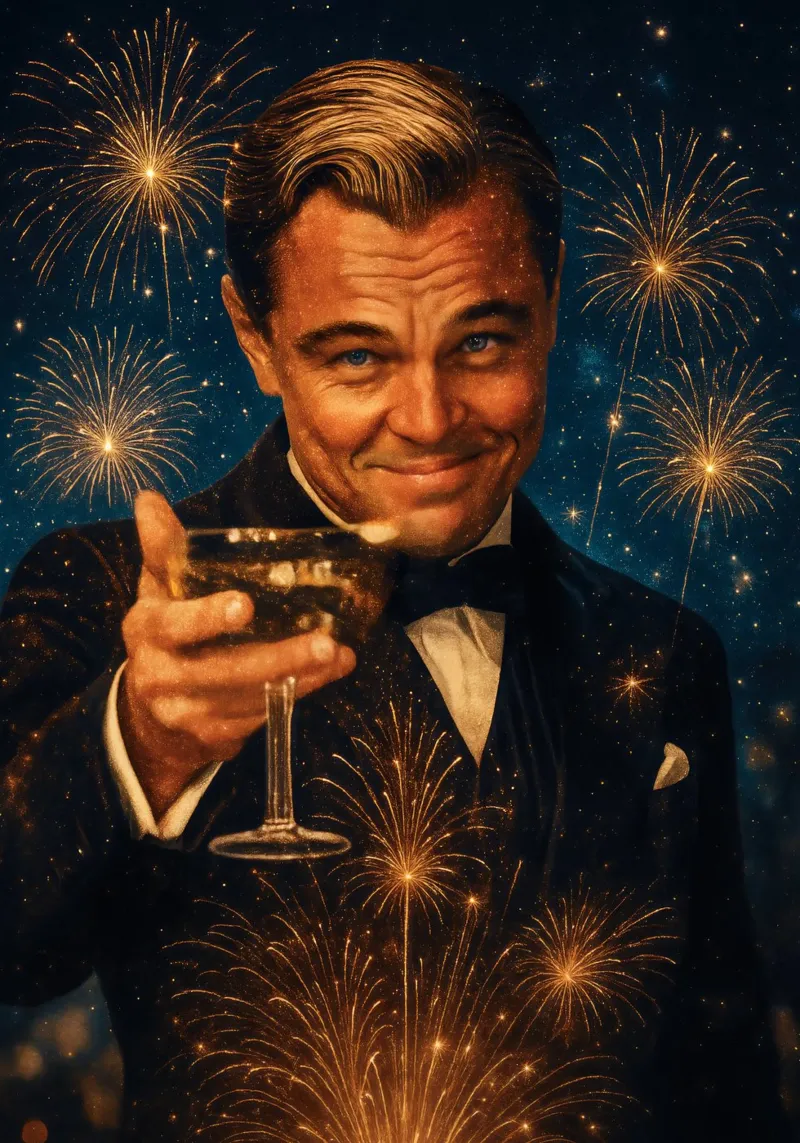 Leonardo DiCaprio Cheers - Grande Gatsby Meme Party Poster carta hahnemühle da Lootprint