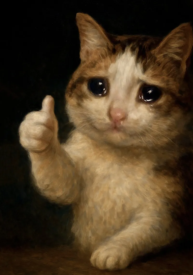 Poster d'un chat qui pleure et qui lève le pouce - Emotional Memety Art poster de Lootprint