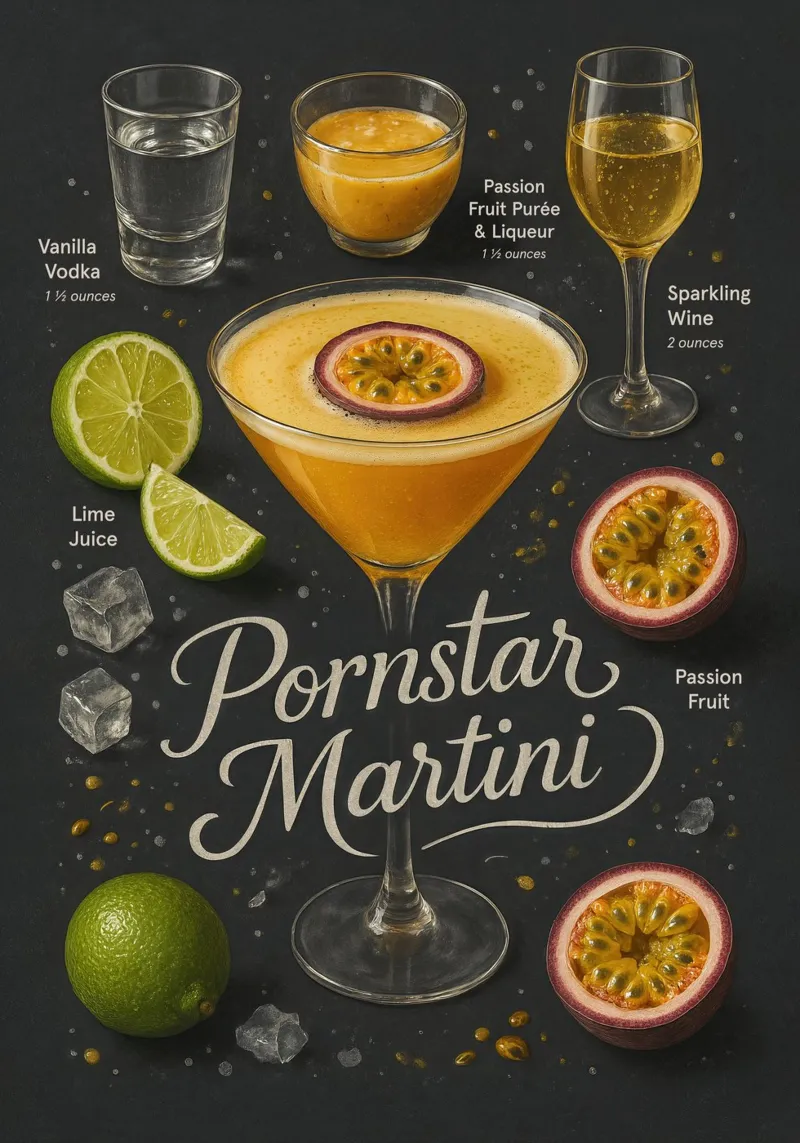 Pornstar Martini Poster – Passion Fruit and Vodka Cocktail poster con telaio in legno da Lootprint