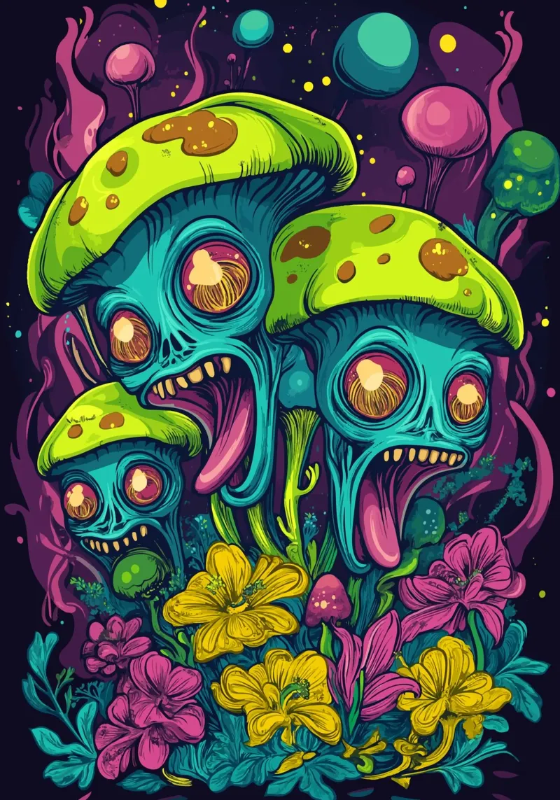 Setas alienígenas psicodélicas con flores de colores hahnemühle de pixelbull - medieval art and more