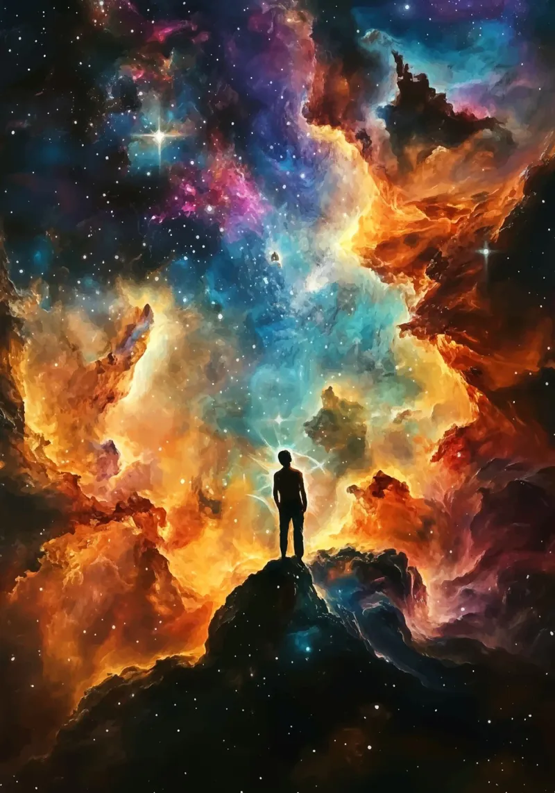 Man in the colourful starry nebula canvas by pixelbull - medieval art and more