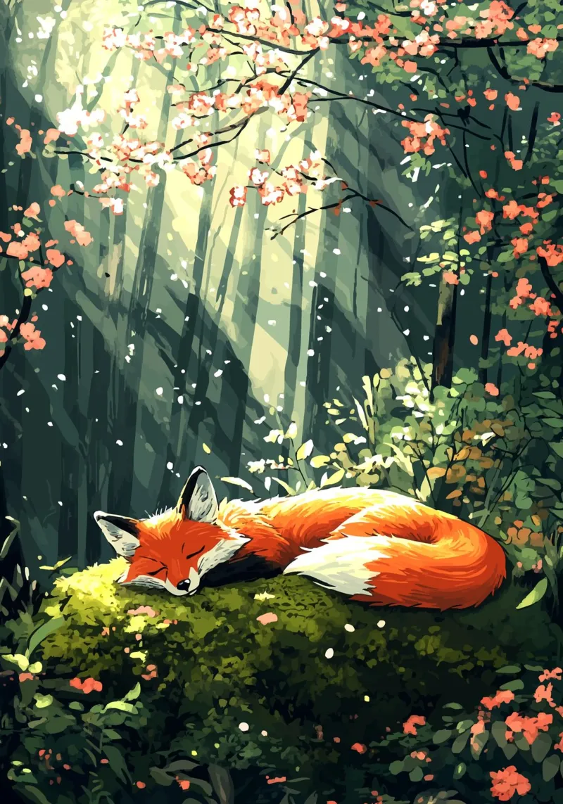 Sleeping fox in the spring forest hahnemühle by pixelbull - medieval art and more