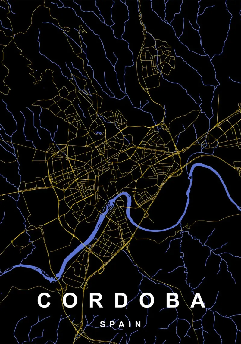 Cordoba Spagna - Mappa della città in nero e oro carta hahnemühle da Cartographers Library