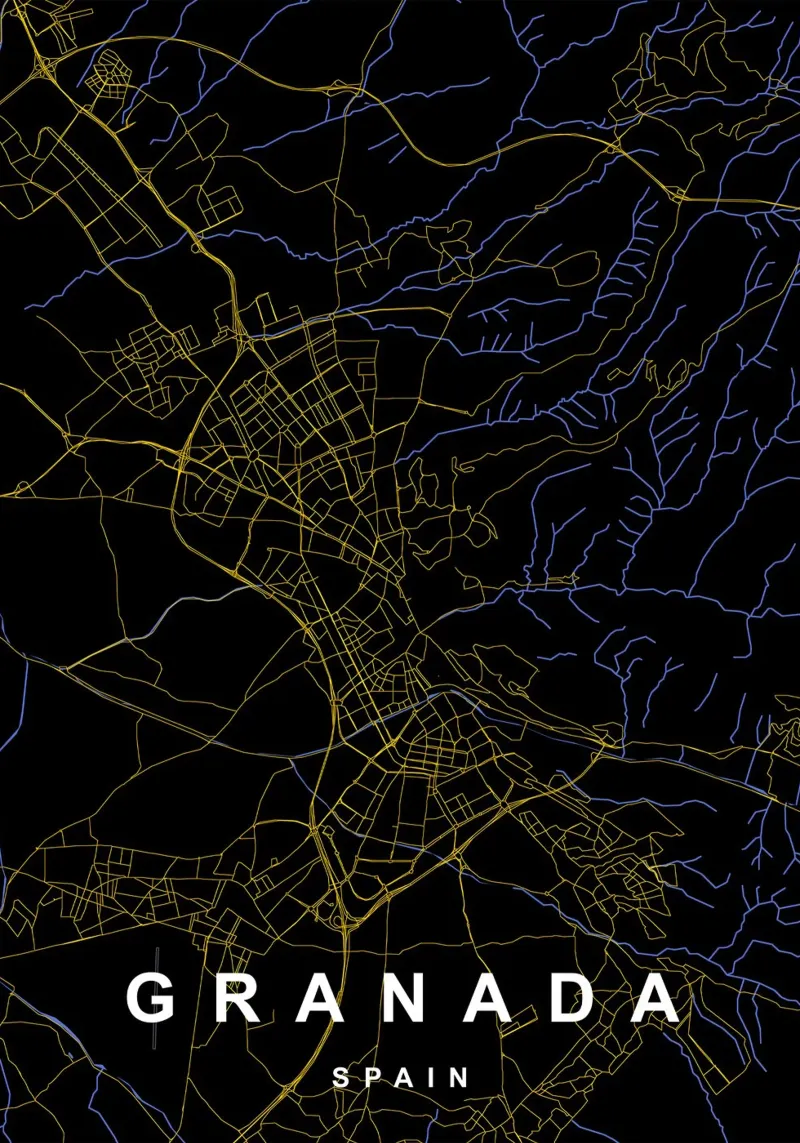 Granada Spagna - Mappa della città in nero e oro tela con Cornice a cassetta da Cartographers Library