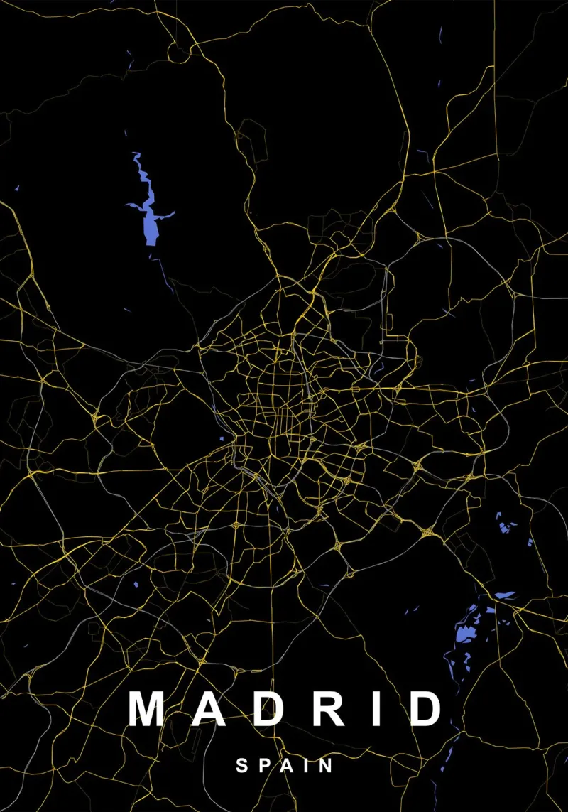 Madrid Spanje Kaart Zwart-Goud canvas met Baklijst van Cartographers Library