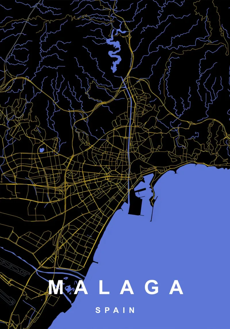 Mappa di Malaga Spagna in nero e oro poster da Cartographers Library