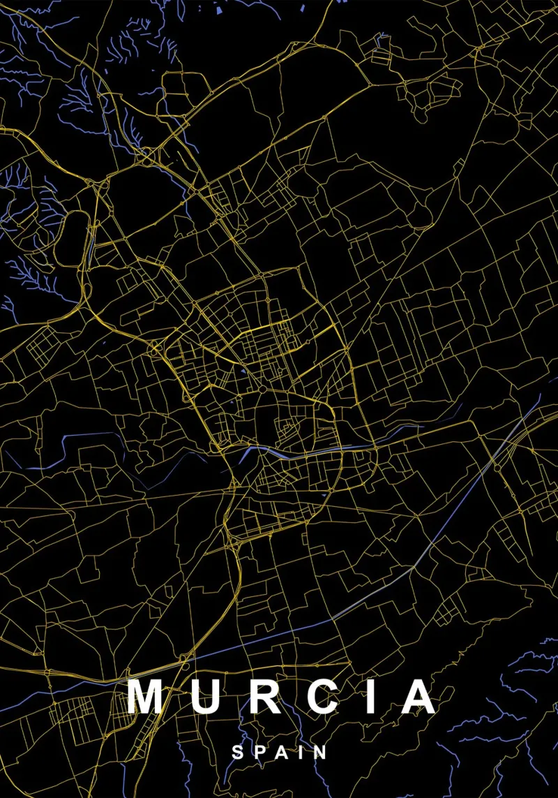 Mappa della città di Murcia Spagna nero e oro poster con telaio in plastica da Cartographers Library
