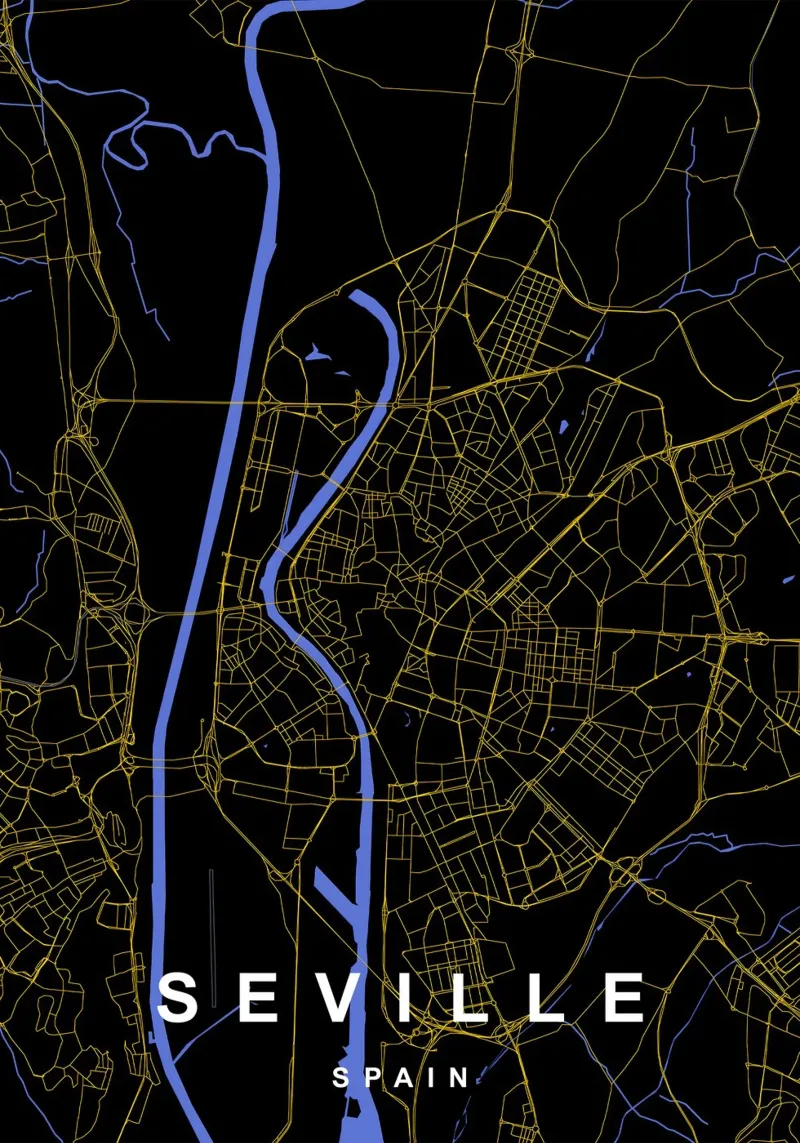 Siviglia Spagna - Mappa della città in nero e oro poster con telaio in plastica da Cartographers Library
