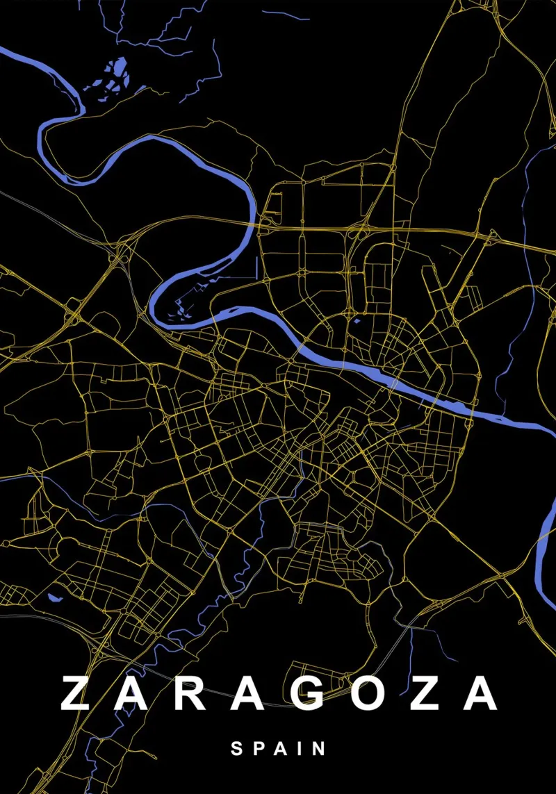 Saragozza Spagna - Mappa della città in nero e oro poster con telaio in alluminio da Cartographers Library