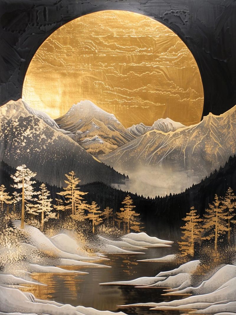 Mountains Forest Moon Landscape Golden poster by Mateo